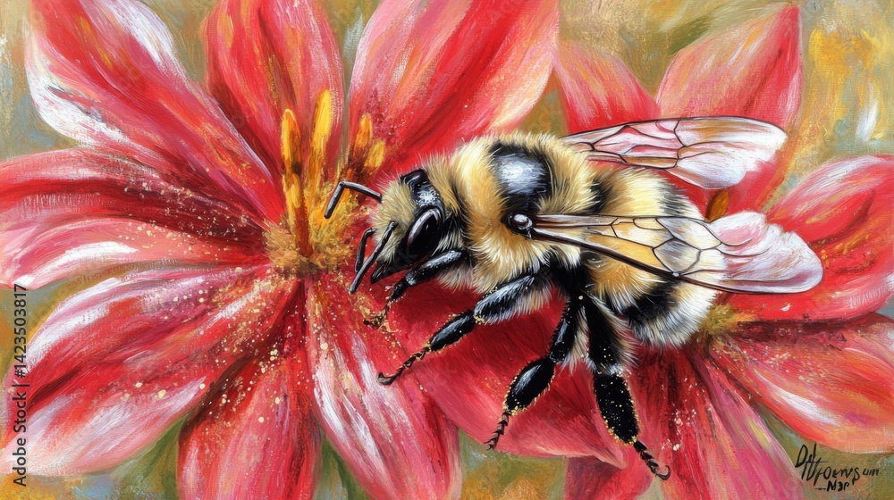 Poster a detailed image of a honeybee collecting nectar from a bright flower, with pollen visible on its le