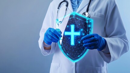 Medical professional with digital health shield.