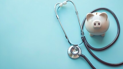 Stethoscope and piggy bank on blue background.