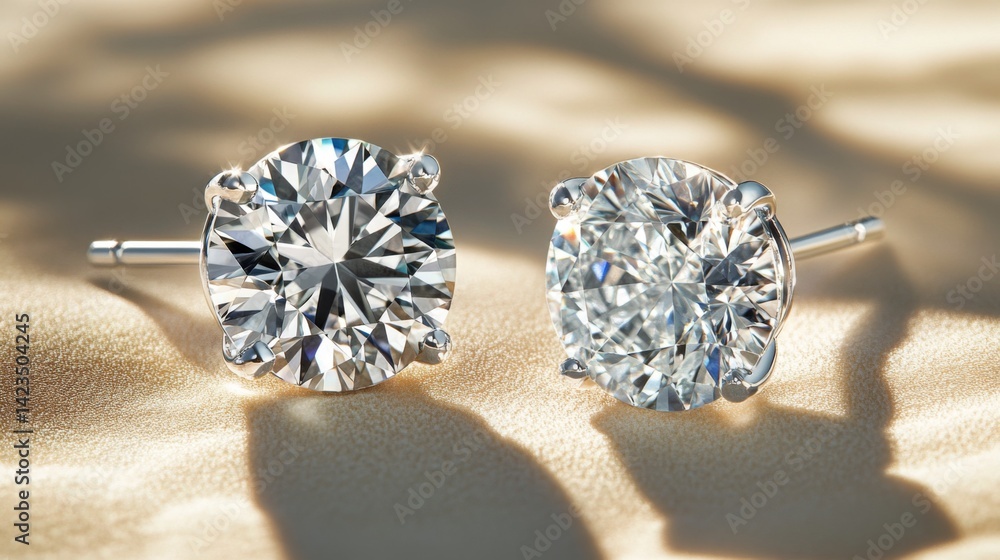 Leinwandbilder a detailed macro view of a pair of classic diamond earrings resting on a textured surface, with soft