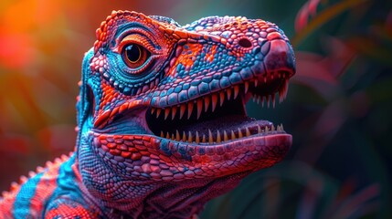 Obraz premium Colorful Dinosaur Portrait with Detailed Scales and Sharp Teeth in Jungle Ambience