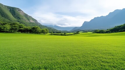 Fototapeta premium Lush green field stretches to a mountain valley under a partly cloudy sky. Dense foliage and trees line the horizon