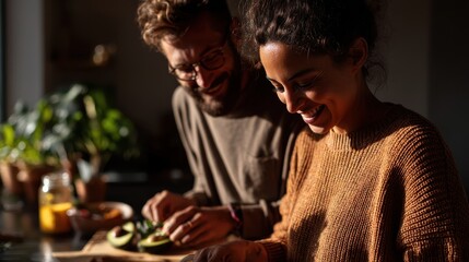 Obraz premium Laughing millennial couple enjoying meal prep in cozy atmosphere