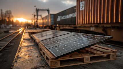 Fototapeta premium Solar Panels Installed on Wooden Pallets at Sunset with Cargo Containers at Dock, Concept of Sustainable and Clean Energy