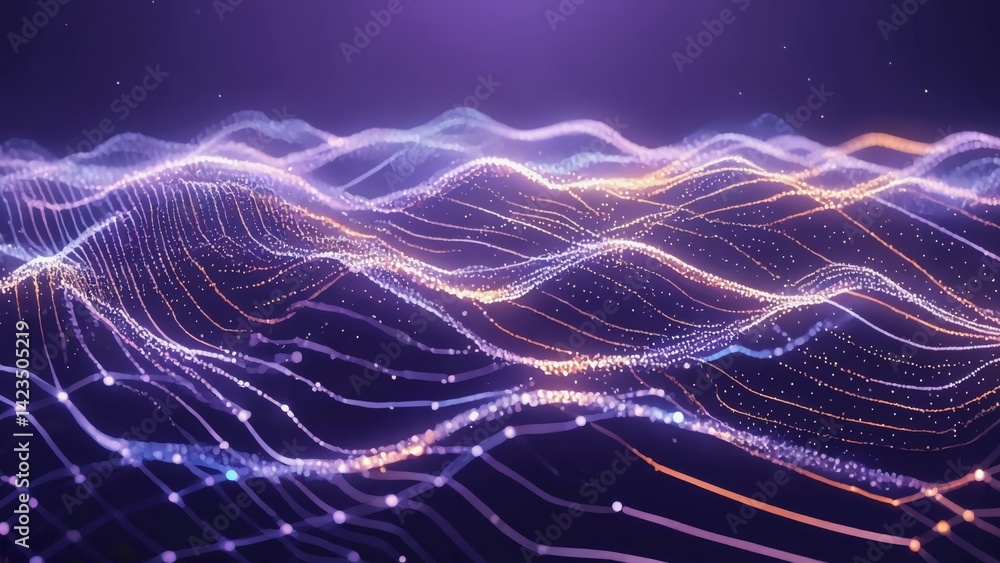 Poster vivid digital illustration of quantum waves in an abstract form, symbolizing the complex and dynamic