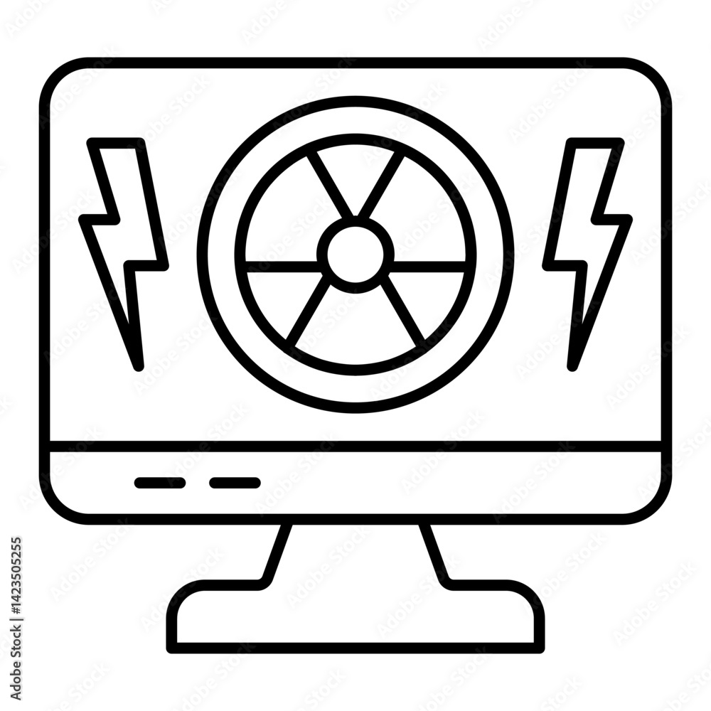 Poster monitor screen and radiation seal thin line icon, atomic energy concept. vector graphics. control di