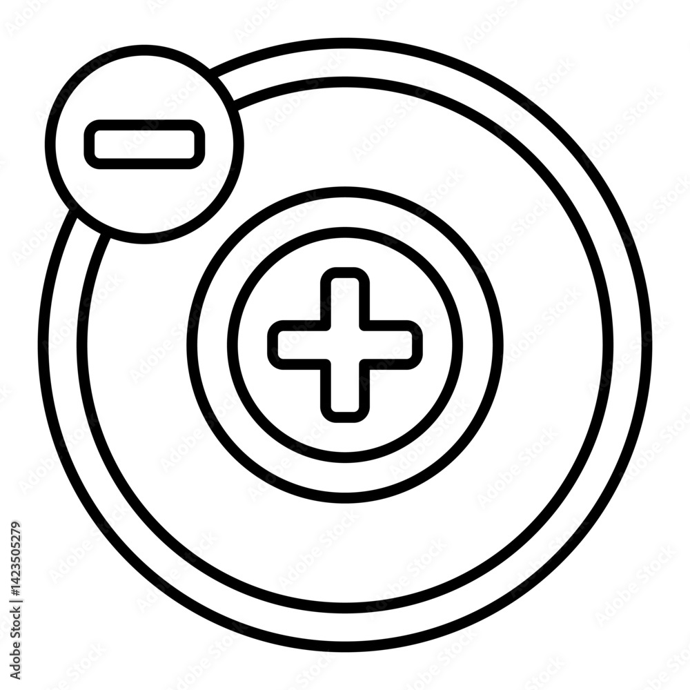 Poster element around positive element thin line icon, atomic energy concept. vector graphics. plus and min