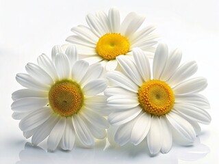 Three White Daisies Close-up, Isolated on White Background, High Depth of Field, Elegant Floral Photography