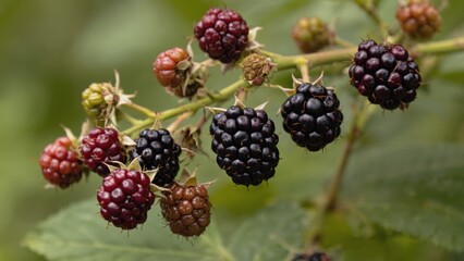 Patch of blackberries and raspberries on a bush, indicating they are ripe and ready for picking.