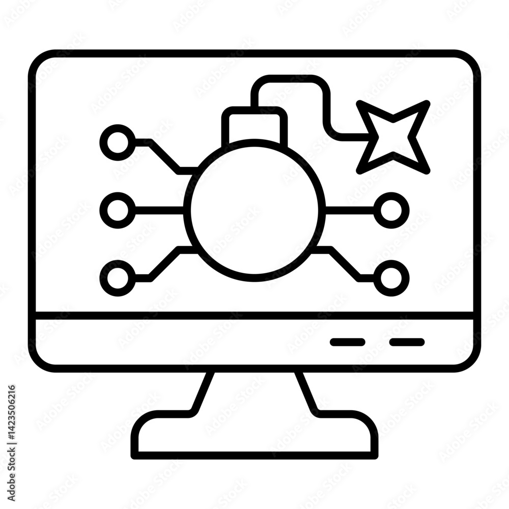 Poster monitor with bomb thin line icon, hacker attacks concept. vector graphics. bomb with burning wick on