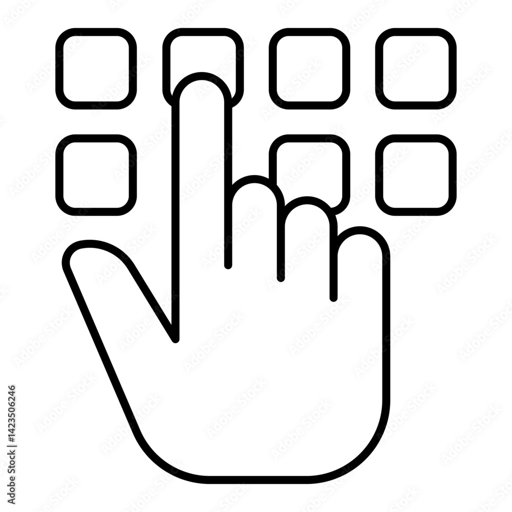 Poster hand pointer with keypad buttons thin line icon, hacker attacks concept. vector graphics. pincode in