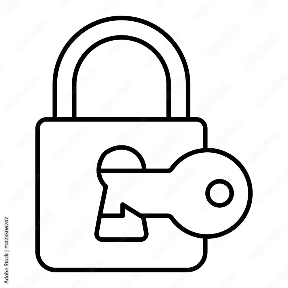 Poster lock with key in keyhole thin line icon, hacker attacks concept. vector graphics. unlocking padlock,