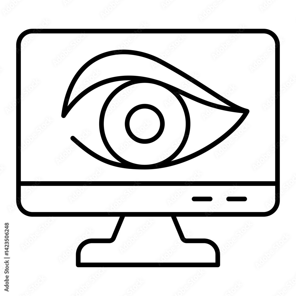 Poster monitor with eye thin line icon, hacker attacks concept. vector graphics. display and antivirus app,