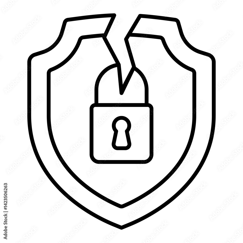 Fototapete Cracked shield with lock thin line icon, hacker attacks concept. Vector graphics. Lock on badge with crack, unsecure sign on white background, linear style for mobile or design.