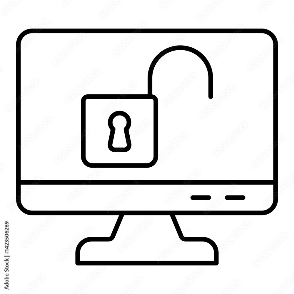 Fototapete Monitor with unlocked padlock thin line icon, hacker attacks concept. Vector graphics. Display unlocked, screen protection sign on white background, linear style for mobile or design.