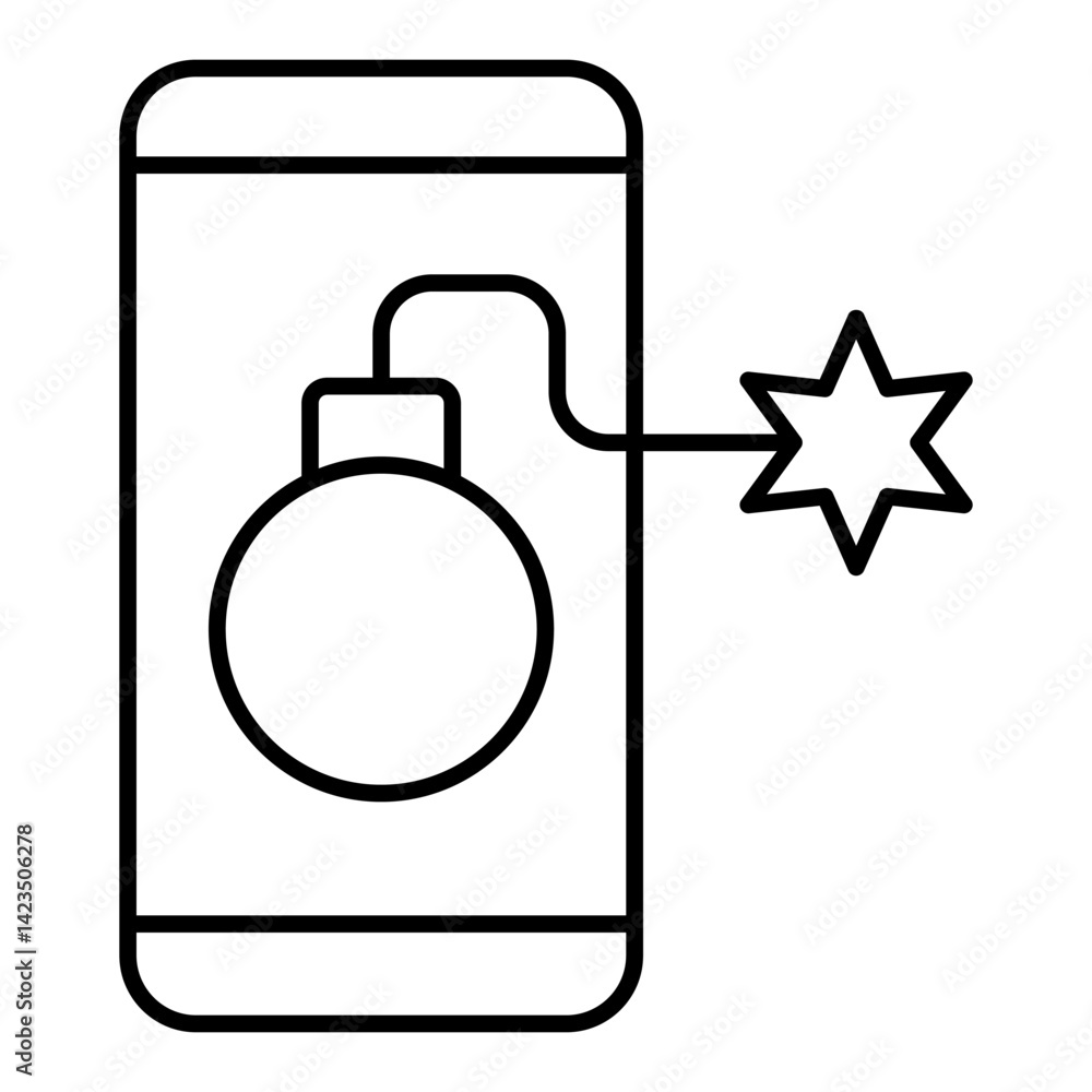 Poster smartphone screen with bomb thin line icon, hacker attacks concept. vector graphics. phone and grena