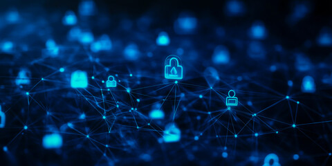 Futuristic digital background with blue glowing social media icons and abstract geometric shapes on a dark black background.