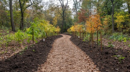 A forest path lined with young saplings, freshly planted in orderly rows, highlighting the harmony of human intervention in natural restoration
