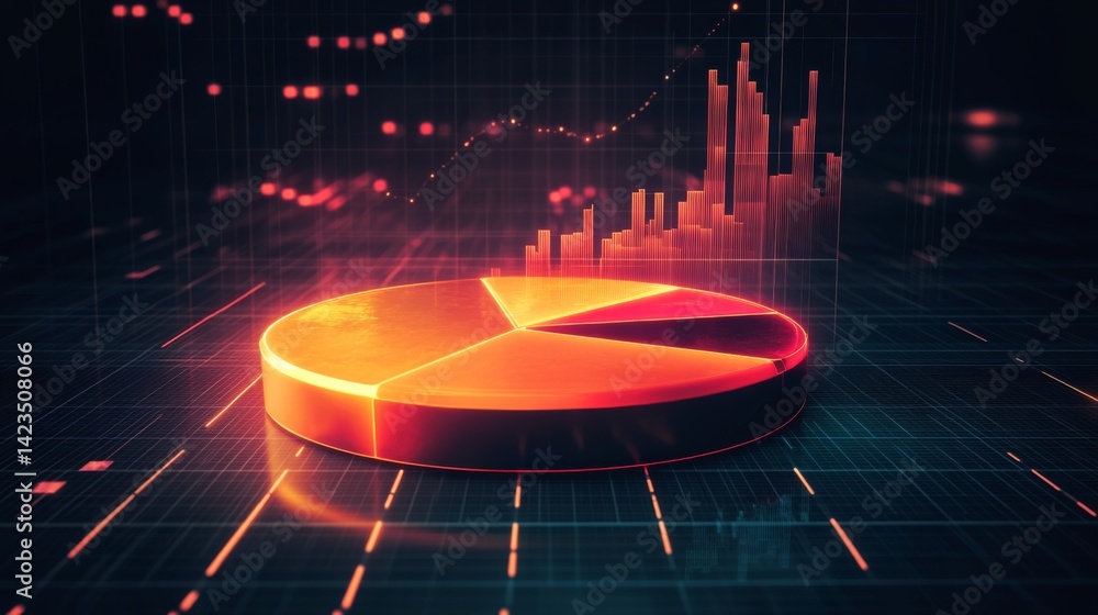 Fototapete A futuristic D pie chart with floating segments, each glowing with neon lights, set against a dark grid background, representing financial data visualization
