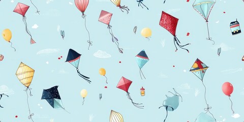 A whimsical pattern of colorful kites and balloons floating against a pale blue sky with hints of clouds, evoking childhood joy and freedom.