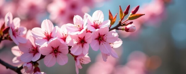 Obraz premium Delicate pink sakura blossoms, close-up view Springtime bloom , background, cherry blossom