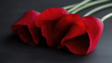 Close-up of three vibrant red Calla lilies on a dark background