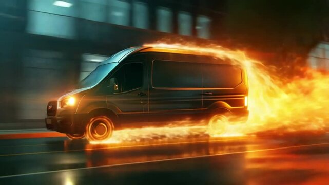 A sleek delivery van races through the city streets, enveloped in dynamic flames, showcasing speed, efficiency, and the power of rapid transportation.