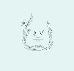 Elegant calligraphic botanical wreath, floral frame and graceful branches. Wedding wildflowers for invitation save the date card. Botanical feminine rustic vector illustration