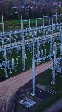 Electrical grid and substation, aerial vertical view