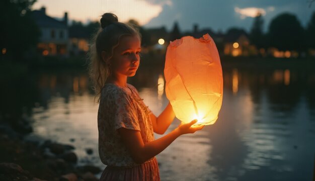 A young girl holding a glowing paper lantern stands near a calm lake at twilight, surrounded by soft reflections and the tranquil ambiance of a peaceful village evening
