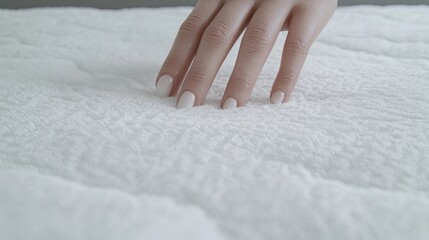 Soft, white, plush fabric is touched by a hand.  Texture, comfort, and quality are emphasized