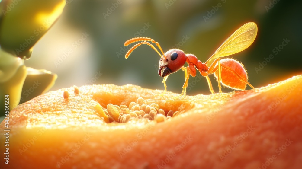 Poster a high-quality image of an ant exploring a piece of fruit, with close-up detail of its antennae and 