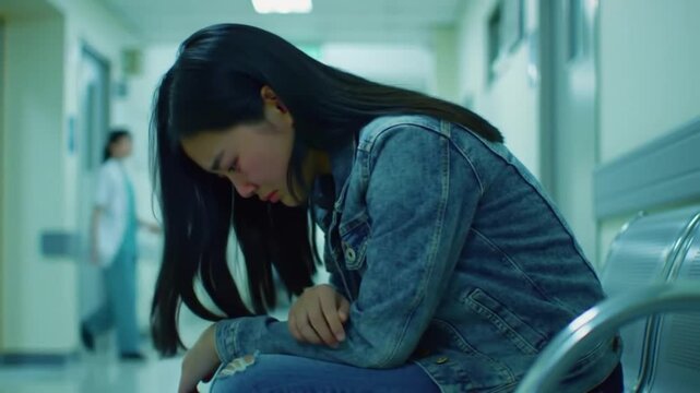 Young Woman Crying While Waiting in Hospital Corridor &ndash; Emotional Stress, Fear, and Concern for Loved One&rsquo;s Health

