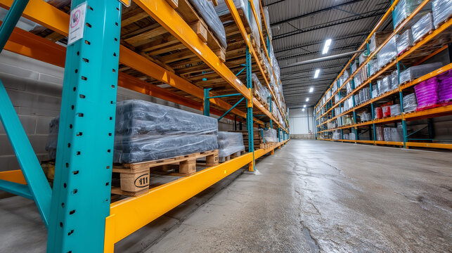 Clean Warehouse Aisle With Pallets and Orange Industrial Shelving