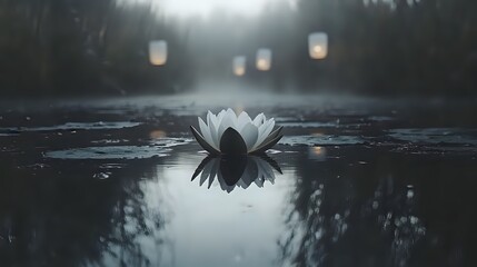 Fototapeta premium Serene Lotus Reflection on a Misty Pond