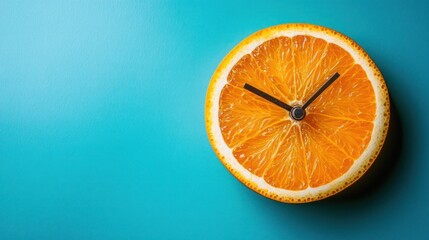 Orange clock on teal; time, fruit, healthy