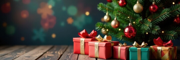 Decorated Christmas tree with colorful baubles and wrapped gifts, sparkle, baubles