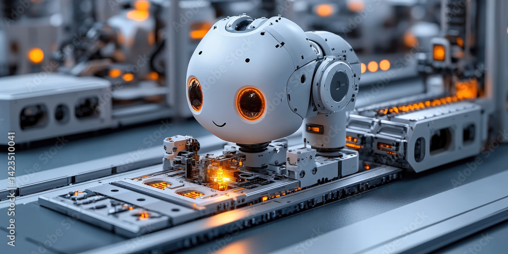 Leinwandbilder cute robot with glowing eyes works on production line in smart factory, assembling electronic components. futuristic setting highlights advanced technology and automation
