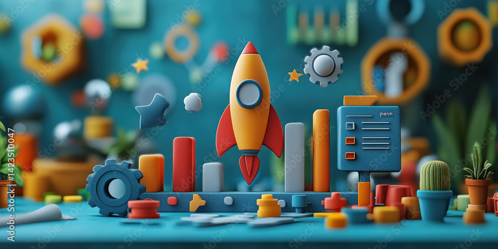 Poster colorful 3d illustration features rocket surrounded by gears, charts, and graphs, symbolizing innova