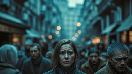 Obraz premium Crowd in a dimly lit street conveys tension and uncertainty during a cold evening in an urban setting