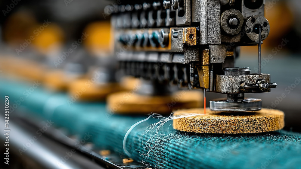 Poster close up of industrial sewing machine stitching fabric with precision, showcasing intricate details 