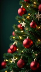 Obraz premium Classic Christmas tree, adorned with red baubles and golden stars , red, christmas spirit