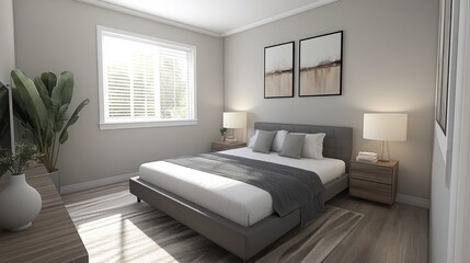 A high-resolution image of a minimalist bedroom featuring a sleek bed frame, simple bedding, and a contemporary design with neutral tones and minimal decor.