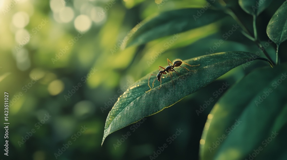 Poster A high-resolution image of a single ant on a green leaf, showcasing its fine details and texture as it explores its environment in a natural setting.