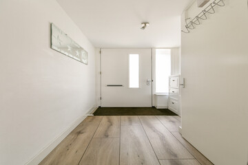 A spacious and well-lit entryway featuring light wooden flooring and a sleek white door. The decor is minimalistic, creating a welcoming atmosphere.