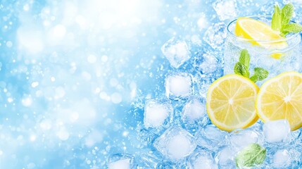 Refreshing Summer Ice: Sparkling ice cubes and lemon slices mingle with sprigs of fresh mint, evoking the cool, refreshing bliss of a summer beverage. A vibrant backdrop of soft.