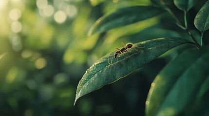 A high-resolution image of a single ant on a green leaf, showcasing its fine details and texture as it explores its environment in a natural setting.