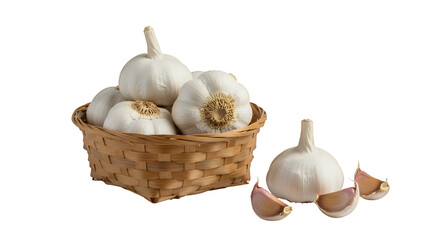 Fresh garlic bulbs in a basket and cloves on a white background