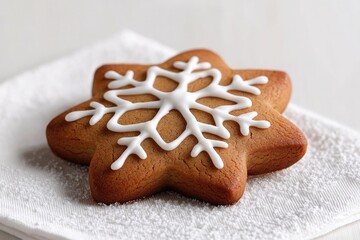 Gingerbread cookie shaped like snowflake, adorned with icing det