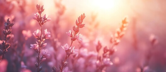 Pink flowers sunset field, nature background